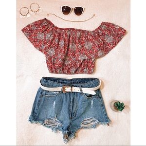 Off-the-shoulder Floral blue/coral Blouse